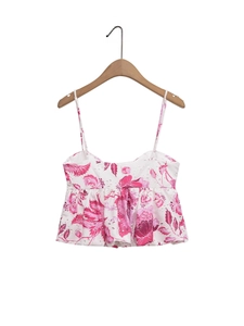 Pink floral embroidery crop top with adjustable straps and delicate eyelet detailing