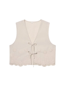 Ethno-Beige bestickte Weste mit hohlen Floraldetails und Schnürung an der Vorderseite