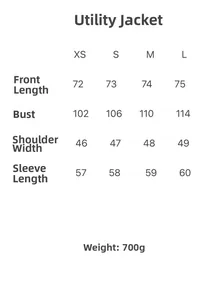 Detailed size guide table for women's casual cargo jacket showing XS to L measurements