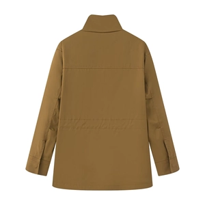 Rear view of women's stand-collar workwear jacket with adjustable drawstring waist and cuffs