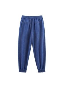 Women high waist loose drawstring denim joggers with elastic waistband back view