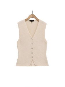 Gilet en Maille Col en V pour Femme Cardigan Sans Manches Minimaliste Coupe Ajustée Boutonnage Simple Beige Top en Maille