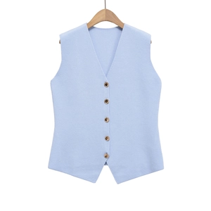 Détail du gilet en maille bleu clair à col en V avec cinq boutons dorés en métal