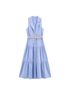 Robe Maxi Décontractée en Mélange de Lin pour Femme Sans Manches Col à Revers Boutonnage Simple Ourlet à Étages Avec Ceinture