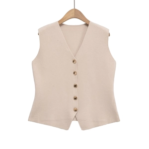 Détail du gilet en maille col V avec cinq boutons en métal doré et texture nervurée