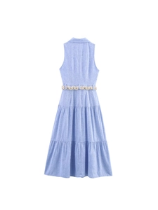 Robe midi sans manches bleu clair à volants avec ceinture tressée beige pour femmes