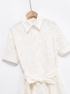 White eyelet embroidery short sleeve shirt dress with lapel and waist tie belt