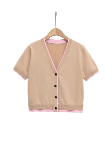 Cardigan en Maille pour Femmes Col en V Manches Courtes Haut Kaki avec Bordure Rose Contrastée Veste d'Été