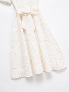 Elegant white broderie anglaise short sleeve shirt dress with lace embroidery and waist tie