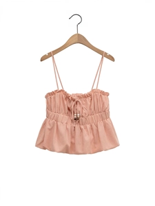 Canotta da Donna Sexy Peplum Con Volant e Coulisse Top Senza Maniche Aderente Rosa Pesca Con Perline di Legno Top Estivo