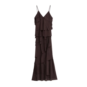 Robe Maxi À Étages Sexy Col En V Sans Manches À Bretelles Couleur Unie Bord Franc Élégante Robe Longue À Volants Femmes