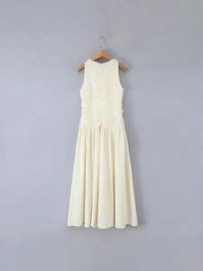 Elegant sleeveless cream long dress with 3D floral applique bodice and pleated skirt