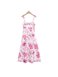 Summer white floral A-line sundress with open back cutout and purple flower print