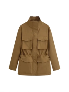 Women Casual Utility Field Jacket Stand Collar Drawstring Waist Multi Pocket Loose Workwear Khaki Outerwear Streetwear Coat
