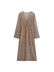 Robe Maxi Elégante Or Champagne à Paillettes Scintillante Col en V Manches Longues Maille Robe de Soirée pour Femme Robe Formelle d'Hiver