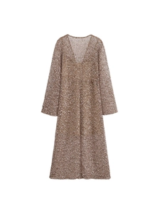 Robe longue à paillettes dorées avec col en V et manches longues en maille ajourée chic