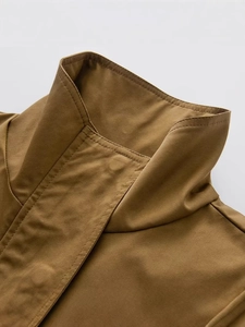 Women's 2025 spring khaki utility jacket with stand collar and double-stitch details