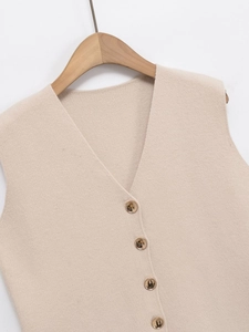 Gilet en tricot col en V pour femmes couleur avoine avec boutons effet marbre