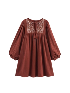 Women's Boho Floral Embroidered Cotton Blend Mini Dress Rust Red Long Lantern Sleeve A-Line Dress With Tassel Tie V Neck Top