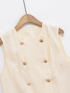 Women's chic beige sleeveless double-breasted vest with gold buttons and linen texture
