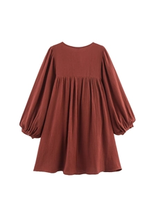 Comfortable brick red cotton crepe long sleeve dress with embroidery and pleated hem for girls