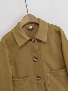 Veste vintage femme en daim jaune moutarde avec col à revers et coutures contrastées