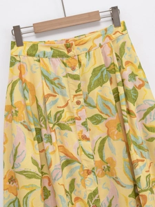 Jupe d'été fleurie jaune pour femme, coupe trapèze avec boutons et taille haute