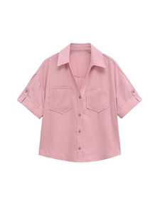Women Casual Short Sleeve Lapel Button Up Shirt With Dual Pockets Summer Loose Streetwear Striped Plain Blouse Tops