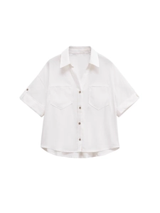 White short-sleeved V-neck shirt with breast pockets and wooden buttons for women