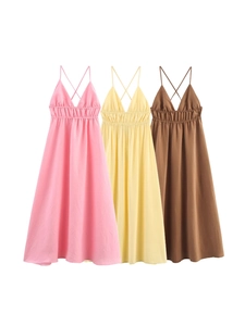 Women Sexy V Neck Backless Camisole Maxi Dress French Style Smocked Waist Cross Back Summer Vacation A Line Beach Dress Polyester
