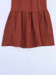 Caramel casual embroidered mini dress featuring pleated cotton linen hem details