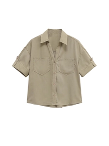Minimalist olive green short-sleeve work shirt with lapel collar and chest pockets