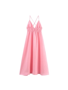 Pink backless V-neck halter maxi dress with slim fit and elegant pleated A-line skirt