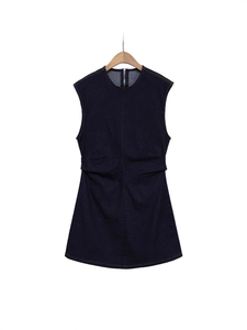 Vrouwen Mouwloze Denim Jurk Ronde Hals Geplooide Taille Slim Fit Mini Jurk Met Rug Rits Mode Streetwear