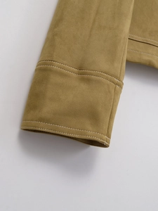 Veste vintage pour femme en simili daim jaune moutarde avec surpiqûres blanches contrastées