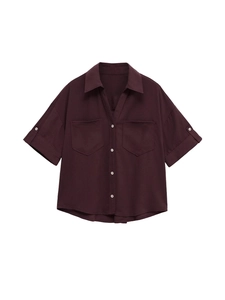 Short sleeve French style lapel shirt in dark wine red with front double chest pockets