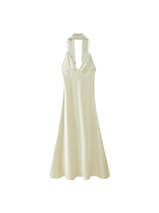 Women's Elegant Backless Halter Neck Satin Midi Dress Champagne Solid Color Sleeveless Sexy Vacation Party Club Dress