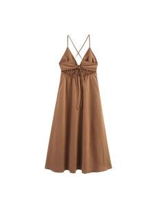 Elegant caramel brown backless midi dress with thin crisscross straps and V-neckline