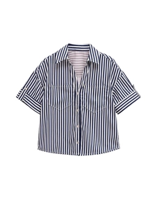 Classic French-style blue and white striped short-sleeve shirt with utility chest pockets