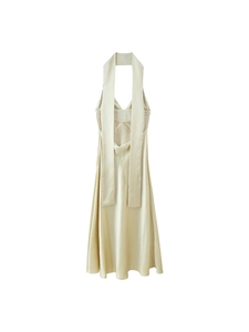 Elegant champagne satin halter dress with an open back and silky fabric texture