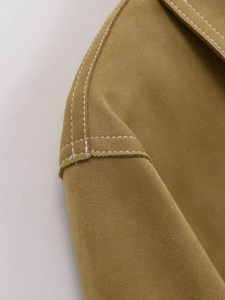 Veste classique en similicuir jaune pour femme avec coutures contrastées blanches chic