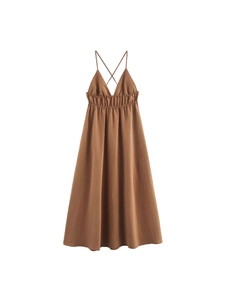 Elegant backless V-neck maxi dress in brown with pleated high waist and slim straps