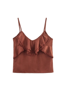 Women V-Neck Ruffle Camisole Spaghetti Strap Backless Pom-Pom Trim Top Caramel Crinkled Texture Summer Sleeveless Tank Top