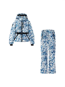 Women's Winter Warm Ski Jacket And Pants Hooded Marble Print Belted Padded Outerwear Snow Suit Top And Bottom