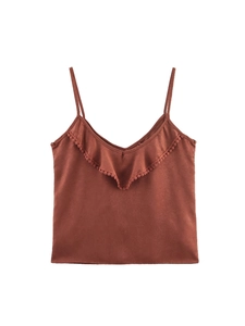 Rust red lace trim ruffle camisole with thin straps and V-neckline in vintage style