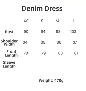 Tableau des tailles détaillé pour combishort en denim Y2K avec mesures du XS au L et poids