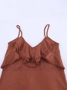 Women's trendy V-neck spaghetti strap camisole with ruffle trim and pom-pom lace