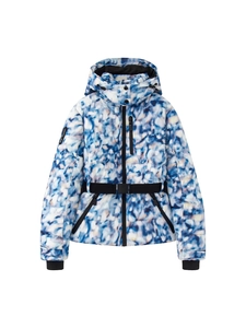 Women's padded ski jacket with hood and belt in blue and white marble abstract print