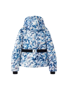 Women's blue and white tie-dye hooded ski jacket with belt and stand collar