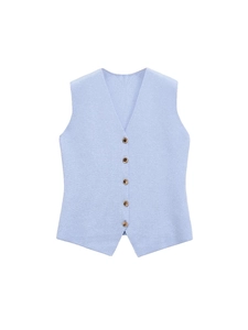 Gilet tricoté bleu clair pour femme avec col en V, simple boutonnage et ourlet en forme de V